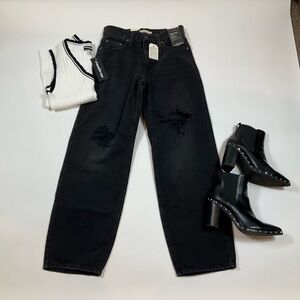 Levis Baggy Dad Distressed Straight Leg Mid Rise Jeans 24 x 30 Rake It Up Black